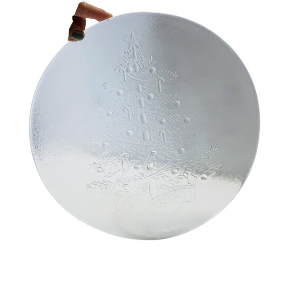 Clear Glass Embossed Christmas Tree Round Holiday Serving Platter 13 Inch Plate - Picture 4 of 5